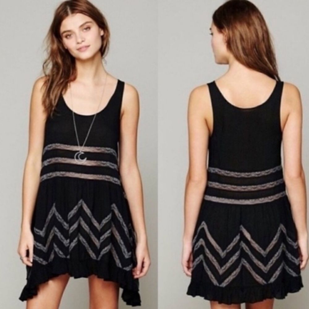 FP black combo voile lace trapeze dress. Small